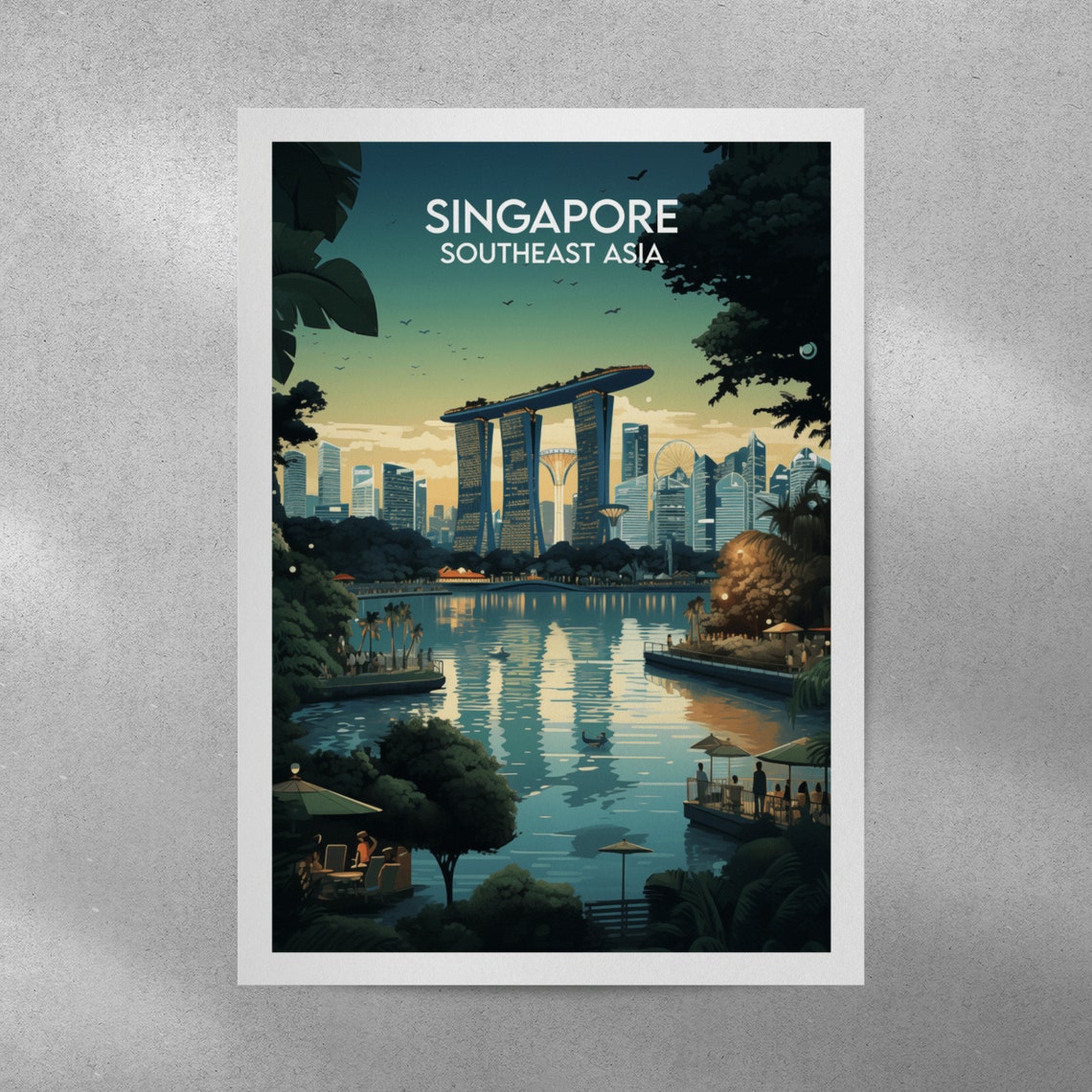 Singapore Marina Bay Dusk Skyline Waterfront Cafe Scene Travel Poster - Image 3