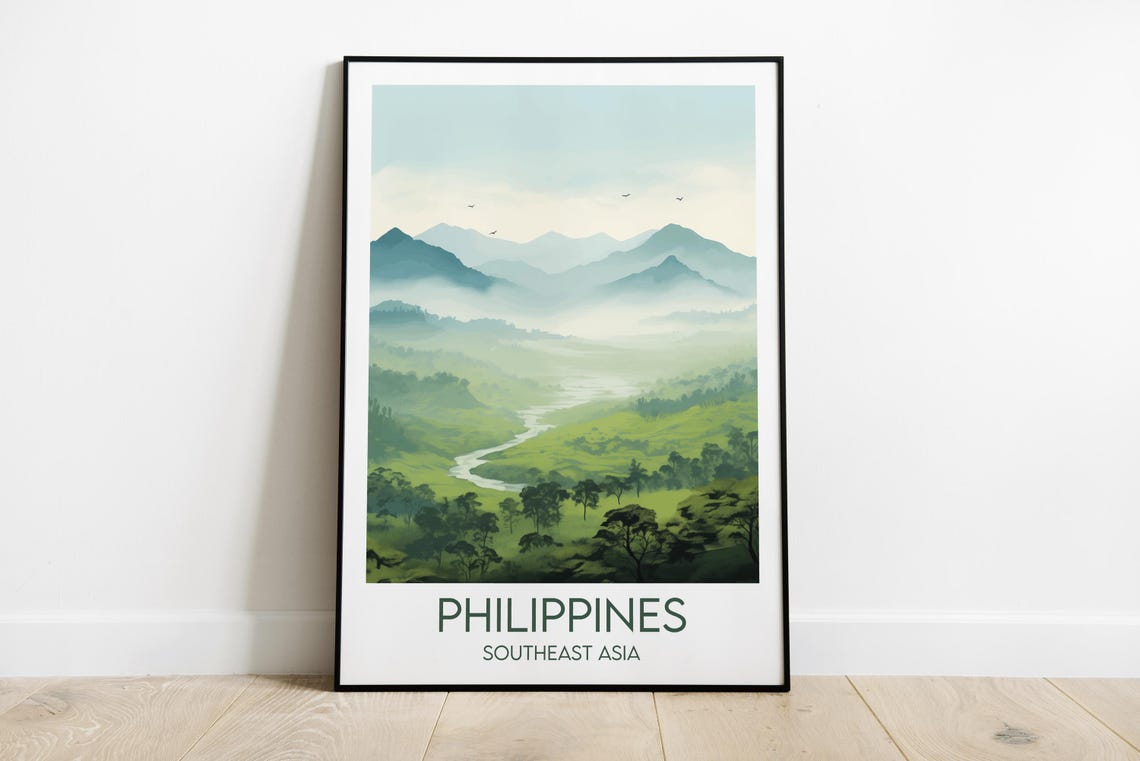 Philippines Misty Green Mountains River Valley Travel Poster