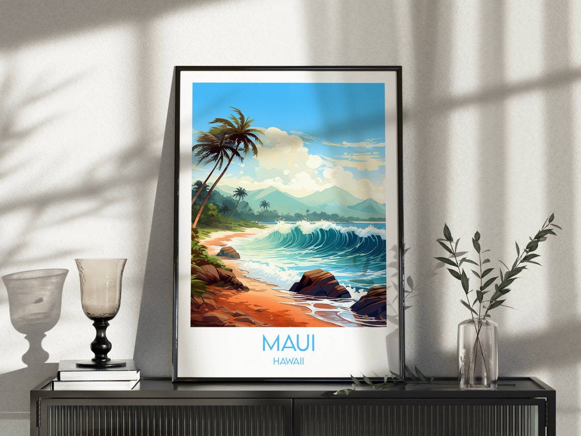 Maui Hawaii Tropical Beach Surf Wave Vintage Style Travel Poster - Image 3