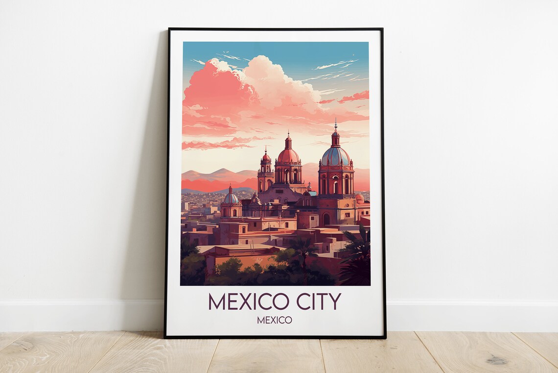 Mexico City Mexico Cathedral Sunset Skyline Travel Poster Art