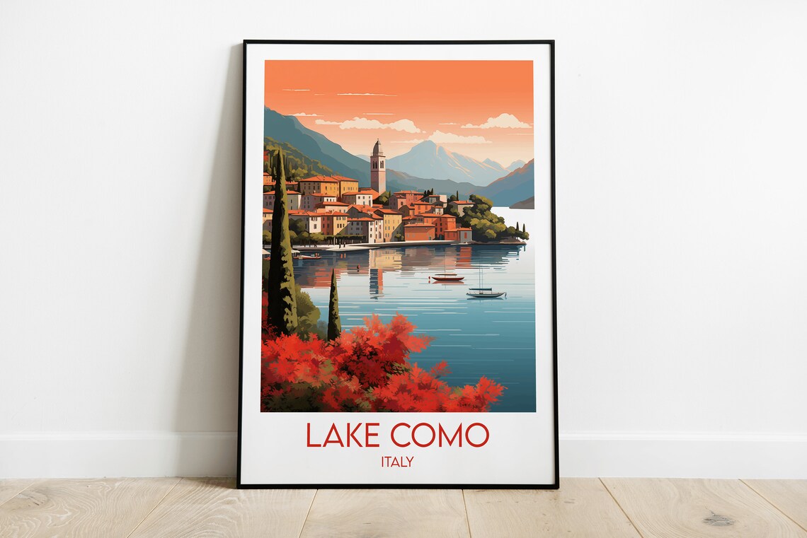 Lake Como Italy Sunset Village Bell Tower Lakeside Travel Art Poster