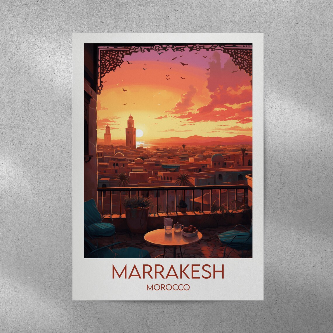 Marrakesh Morocco Sunset Rooftop Terrace Vintage Style Travel Poster - Image 4