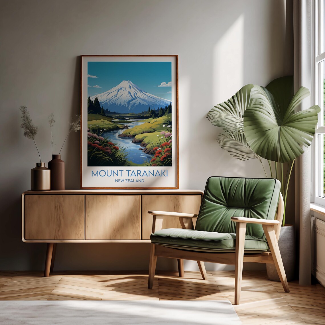 Mount Taranaki New Zealand Vintage Travel Style Snowy Volcano Poster - Image 2