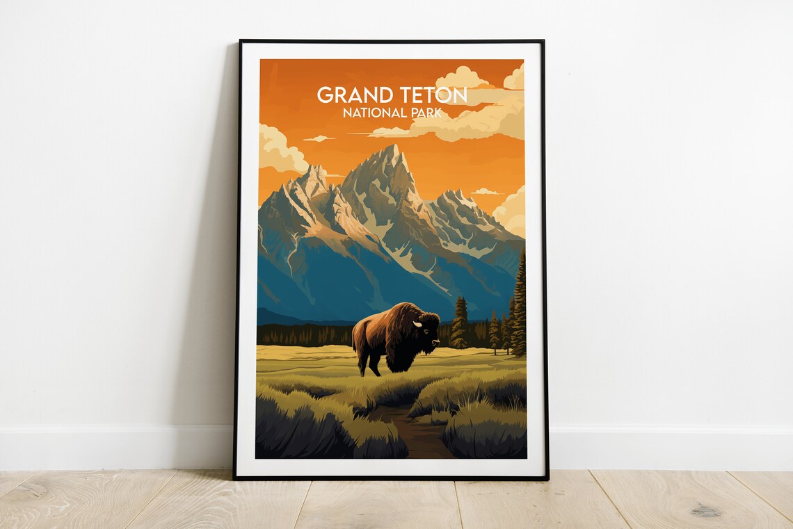 Grand Teton National Park Bison Sunset Vintage Travel Art Poster