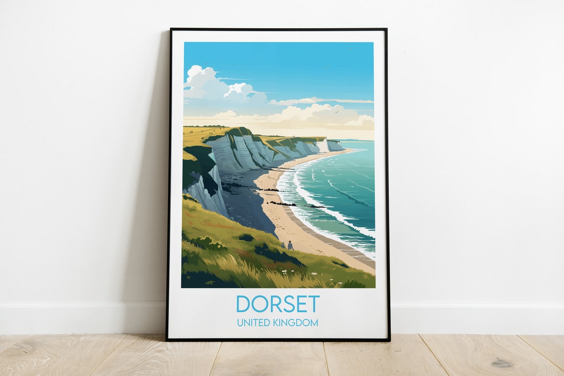 Dorset United Kingdom White Cliffs Coastline Retro Travel Poster