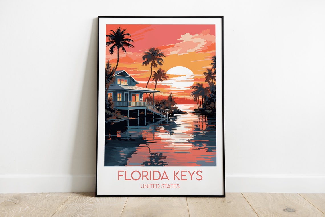 Florida Keys United States Vintage Sunset Beach House Travel Poster
