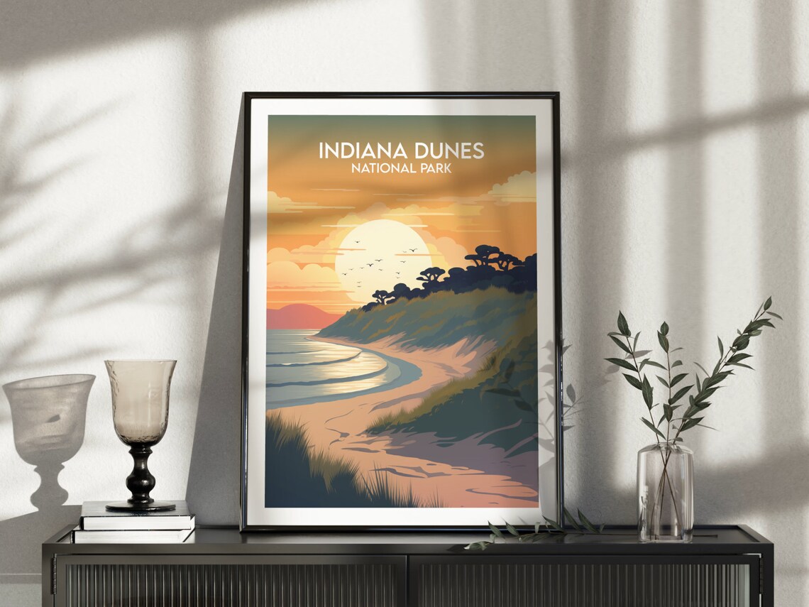 Indiana Dunes National Park Moonlit Beach Dusk Vintage Poster - Image 3