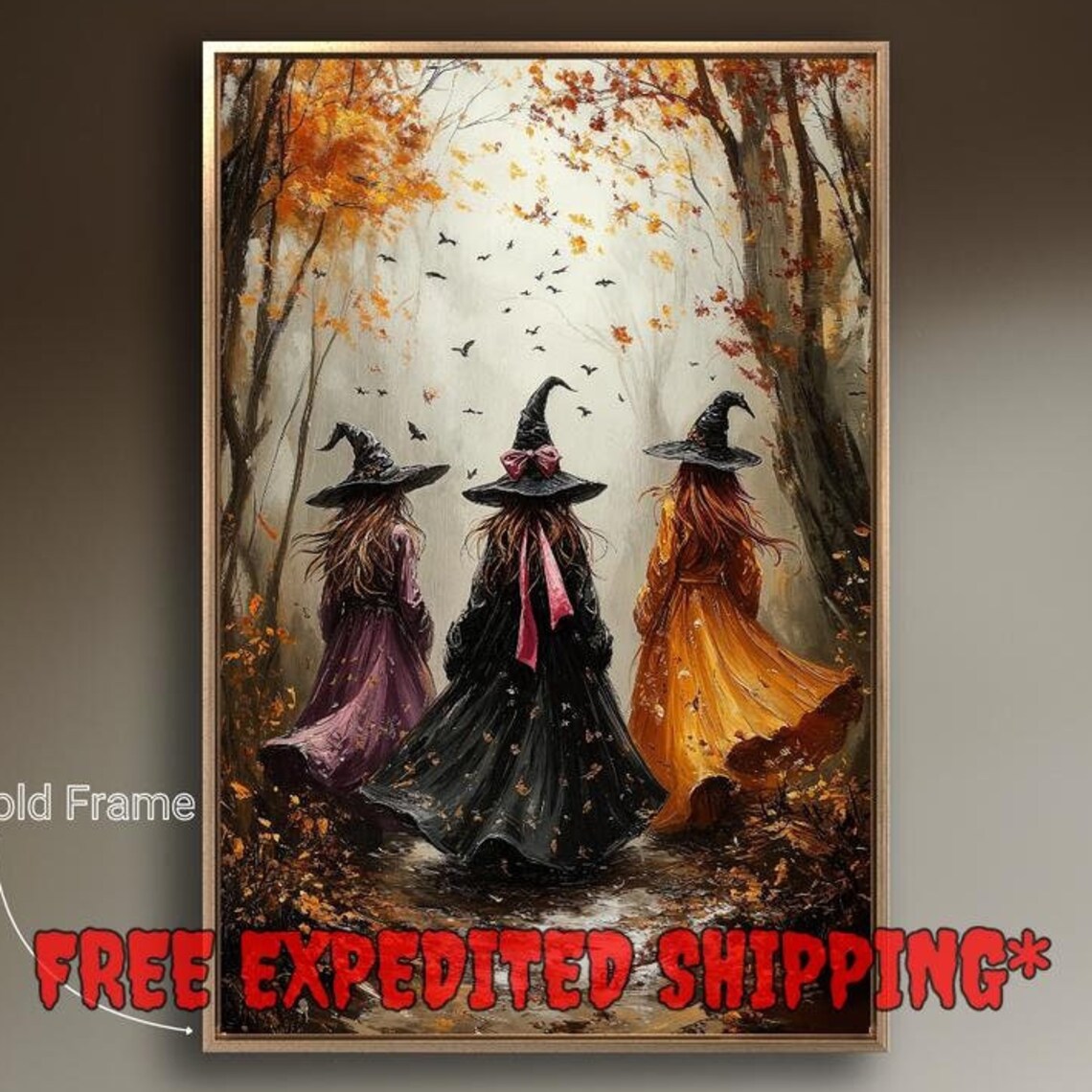 Three Witches in Autumn Forest, Halloween Art Print