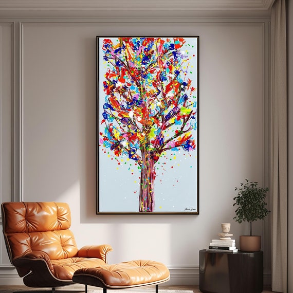 Abstract Tree Wall Art Print Colorful Vertical Unique Narrow Artwork For Living Room And Hallway Contemporary Decor Bold Vivid