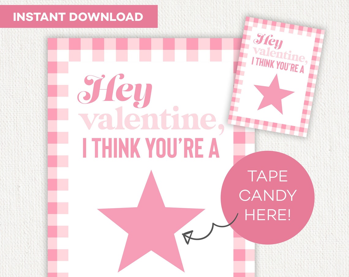 Hey Valentine I Think Youre a Star Pink Gingham Candy Card Poster