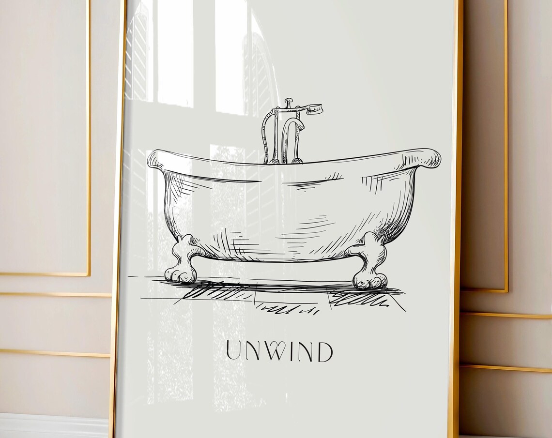 Unwind Clawfoot Bathtub Sketch Vintage Spa Bathroom Art Poster