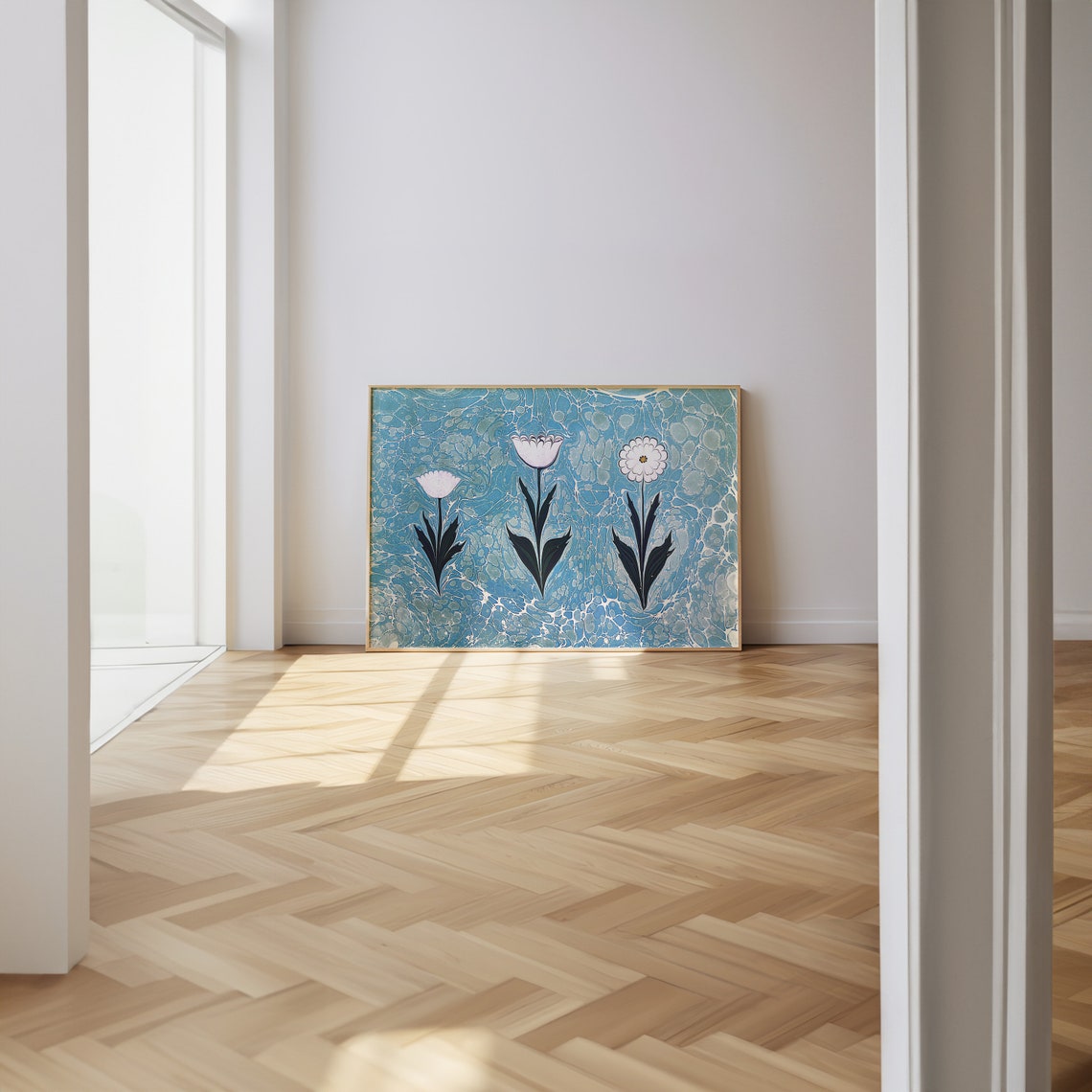 White Blooms Teal Marbled Background Trio Floral Art Wall Poster - Image 3