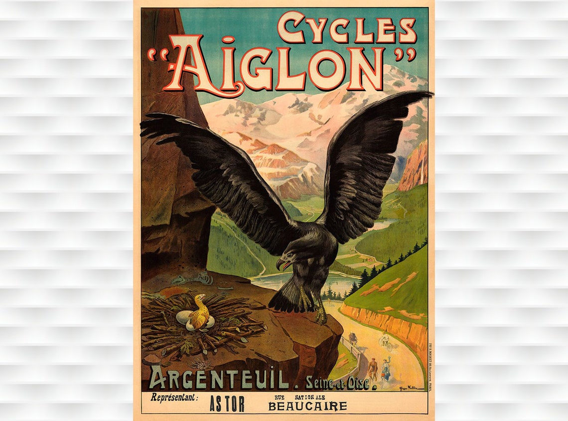 Cycles Aiglon Eagle Mountain Valley Vintage French Bicycle Ad Poster