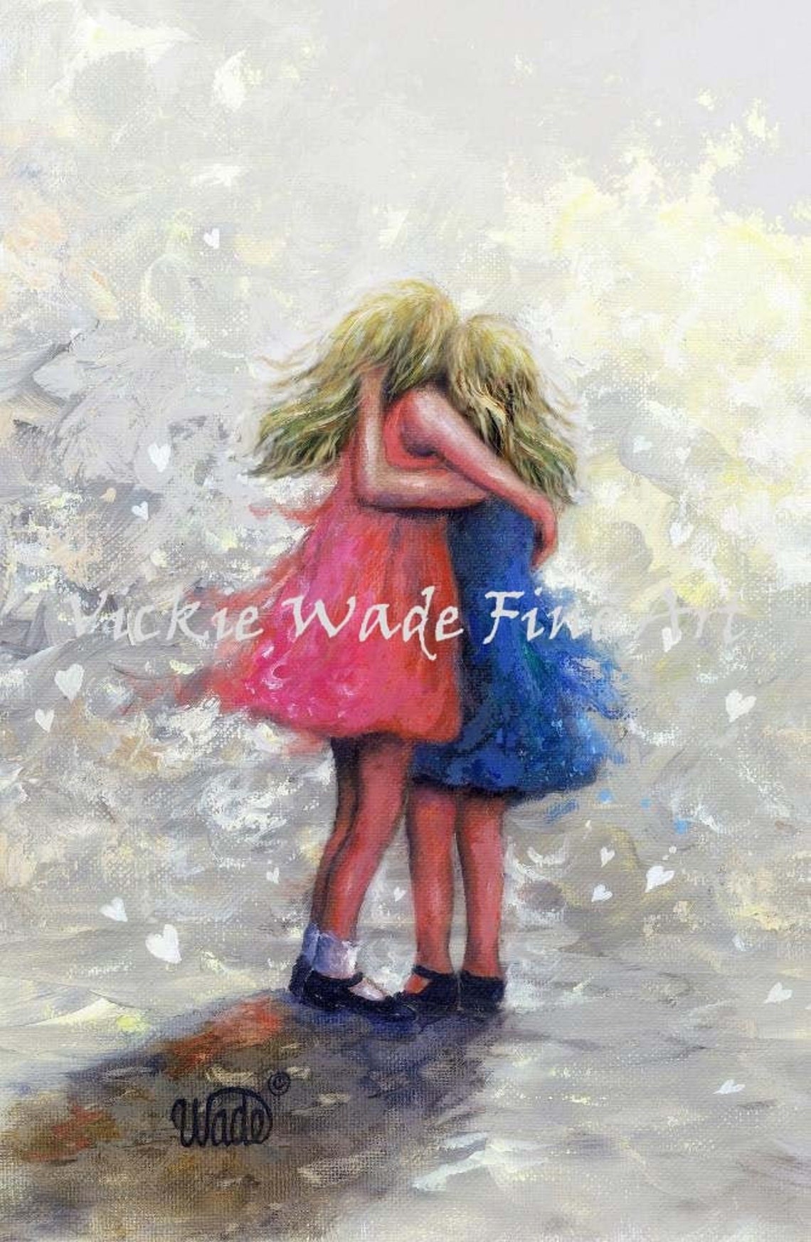 Two Blonde Sisters Hugging Warmly with Floating Hearts Art Poster
