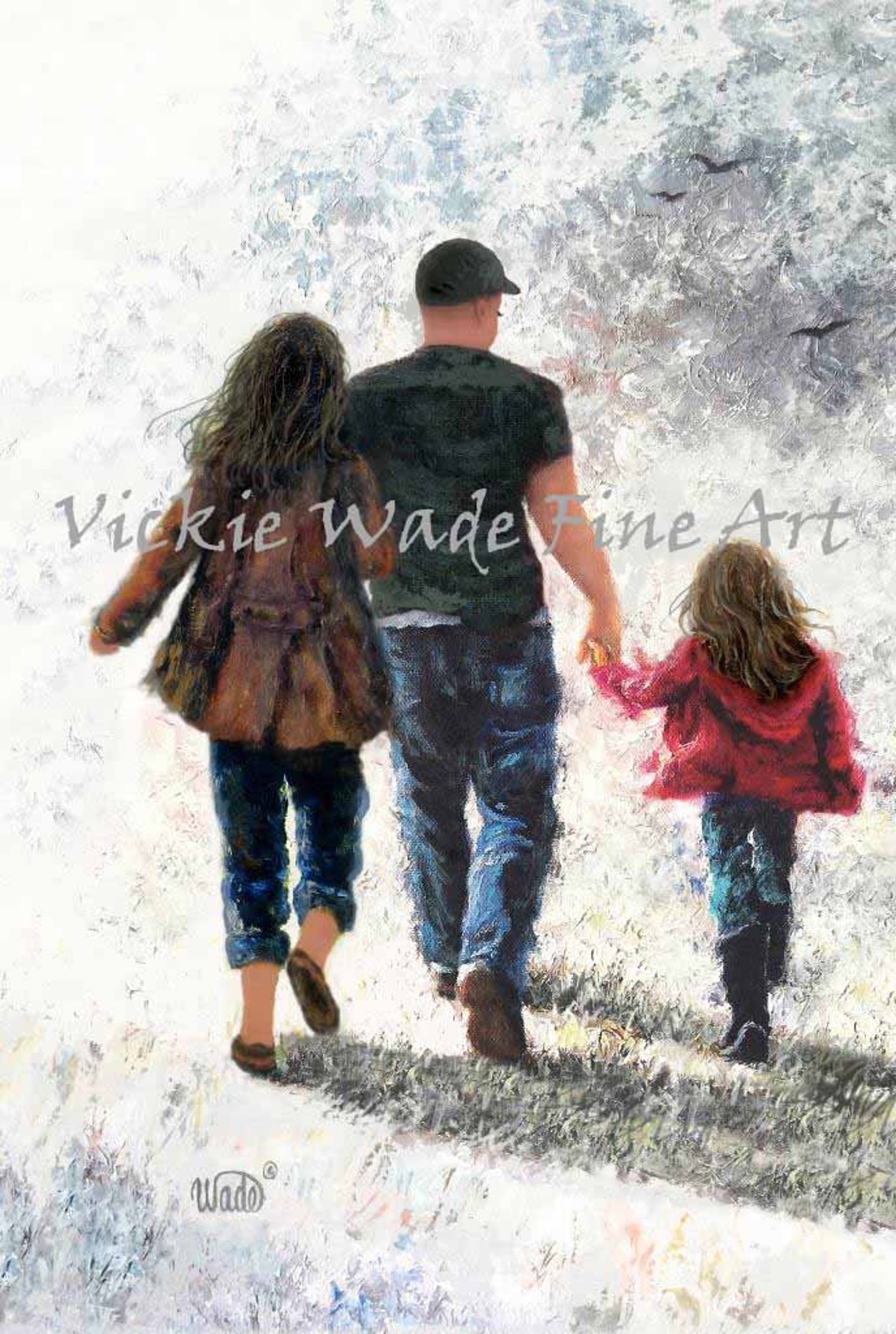 Family Of Three Walking Hand In Hand Down A Grassy Path Poster