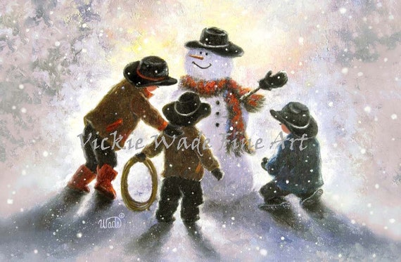 Three Little Cowboys Art Print Three Brothers Three Sons Snowman Winter Cowboy Building Snowman Vickie Wade Art