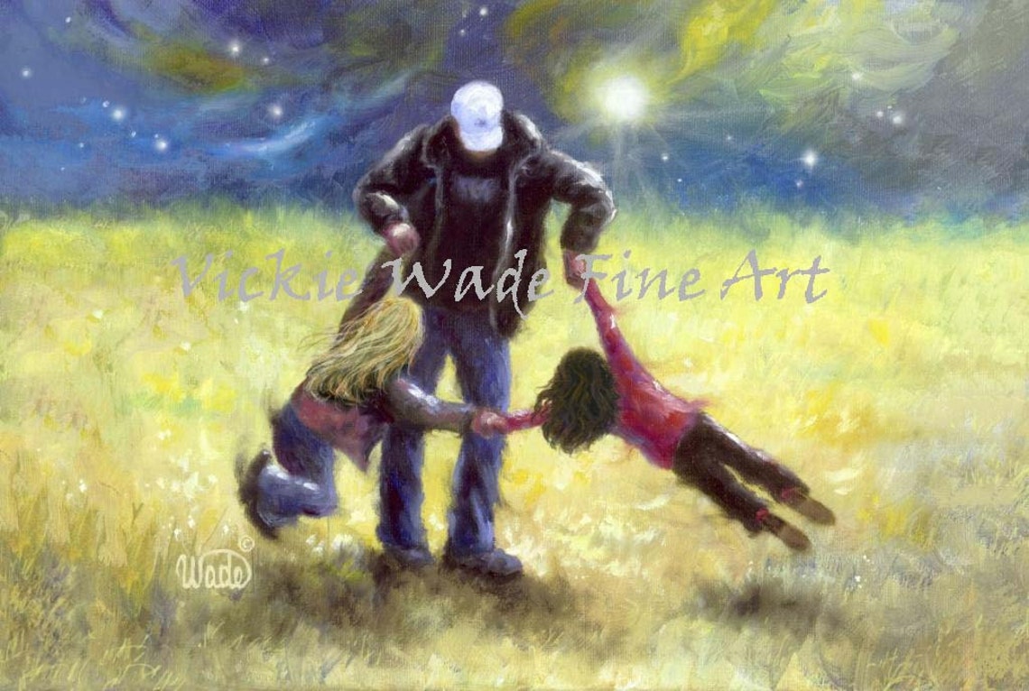 Dad Twirling His Two Daughters in a Golden Field at Night Poster