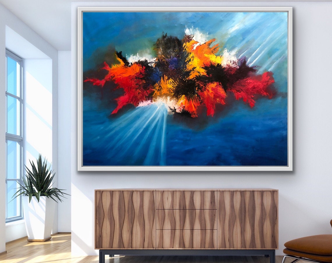 Red Fire Burst on Deep Blue Abstract Dramatic Light Rays Energy Poster - Image 2