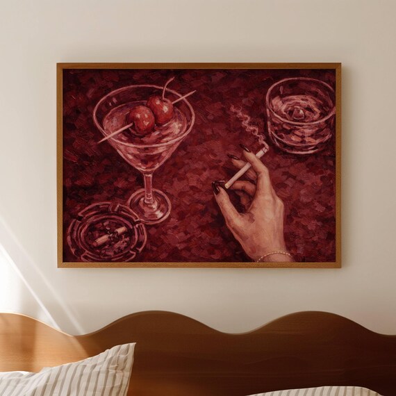 Abstract Martini Cocktail Cigarette Burgundy Painting Print Horizontal Retro Table Still Life Wall Art Hand Drawn Luxury Smoking Poster