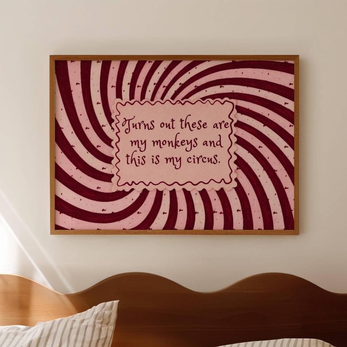 Funny Monkeys Circus Quote Pink Swirl Horizontal Bedroom Wall Art