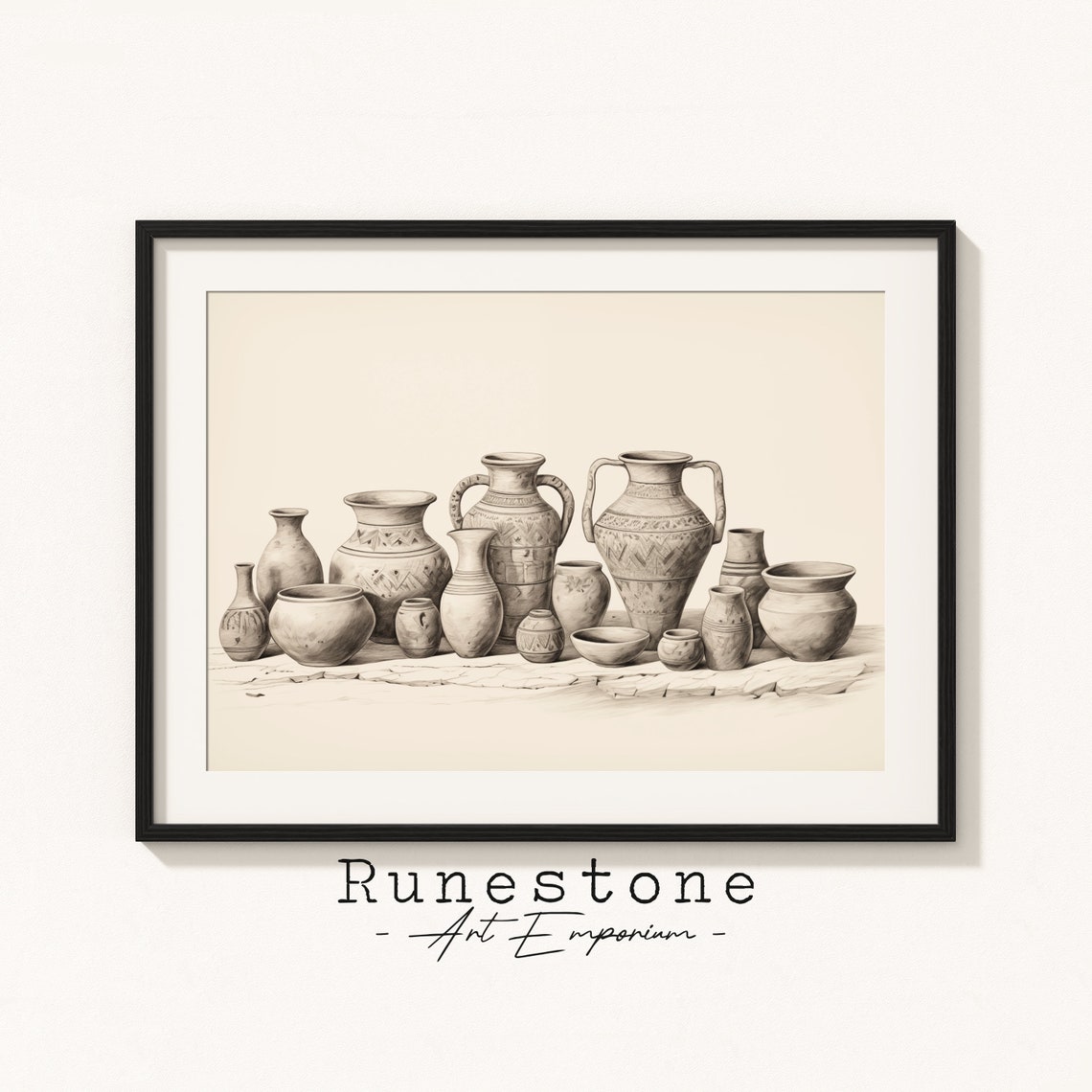 Rustic Ancient Pottery Vessels Collection Sepia Sketch Art Poster