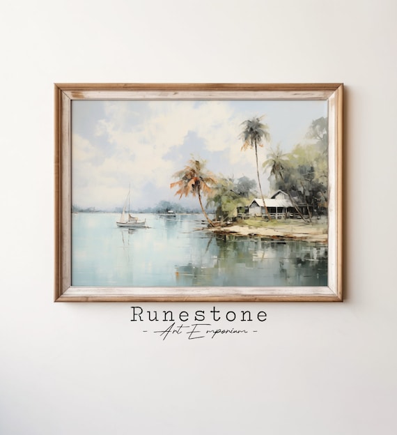 Sailboat On Calm Tropical Bay Palm Trees Beach House Oil Painting Poster