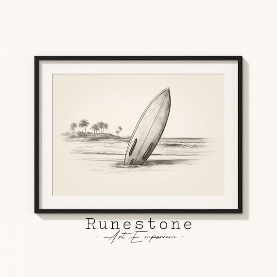 Surfboard Stuck In Sand Palm Island Pencil Sketch Wave Poster