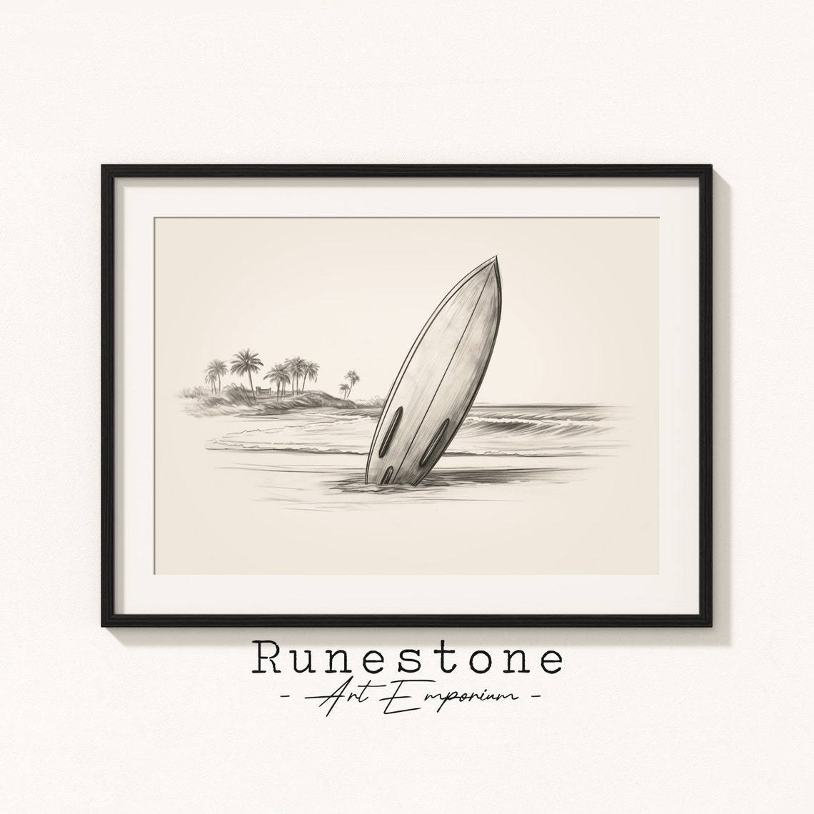 Surfboard Stuck In Sand Palm Island Pencil Sketch Wave Poster