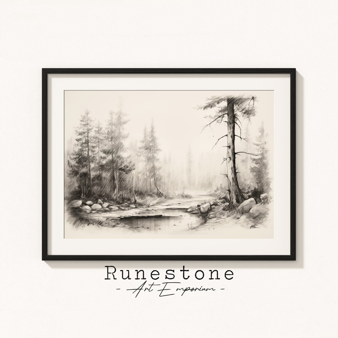 Forest Riverbed Botanical Sketch Woods Drawing Minimal Landscape Pencil Home Decor Neutral Art Print