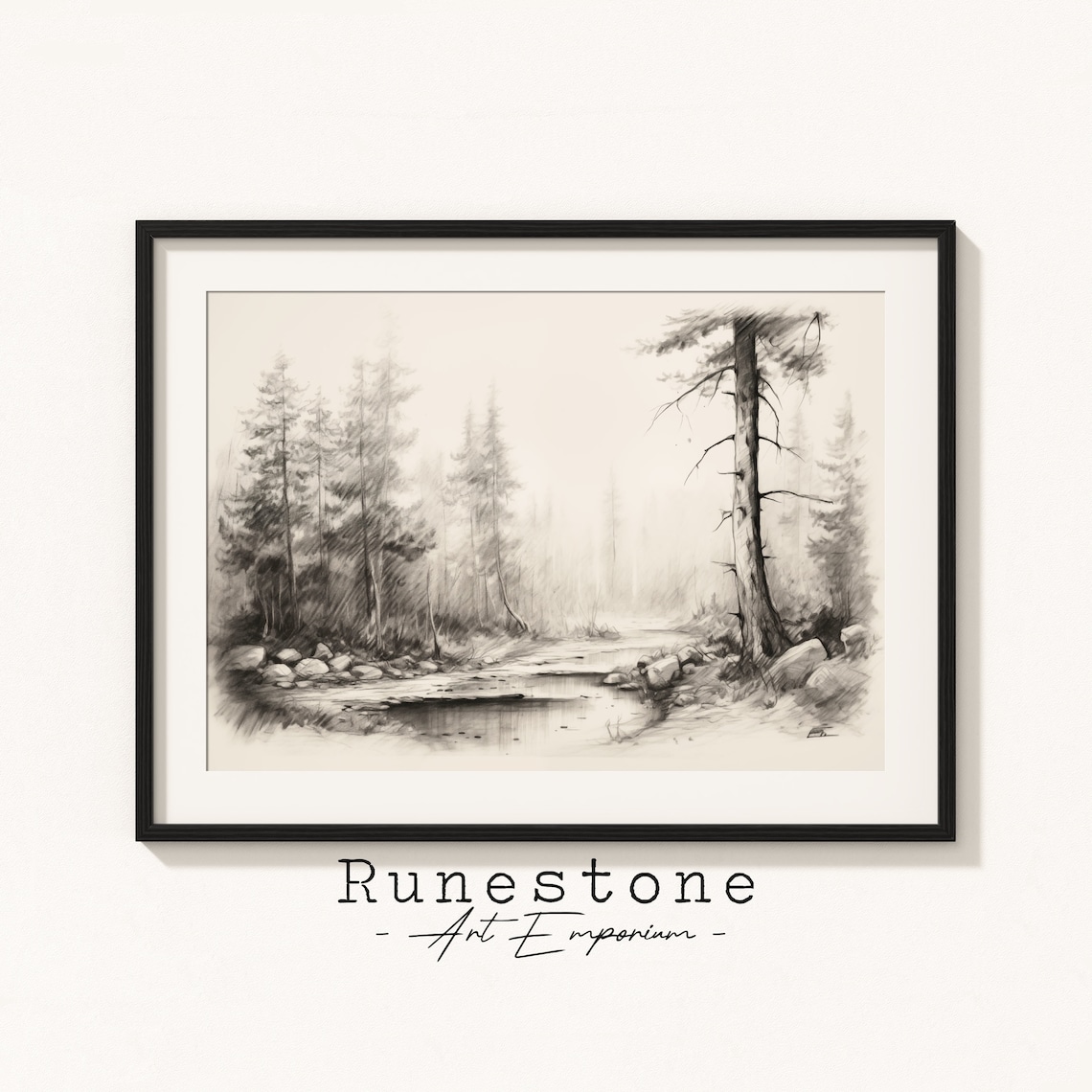 Misty Forest Stream Pencil Sketch Pine Trees River Rocks Minimalist Print