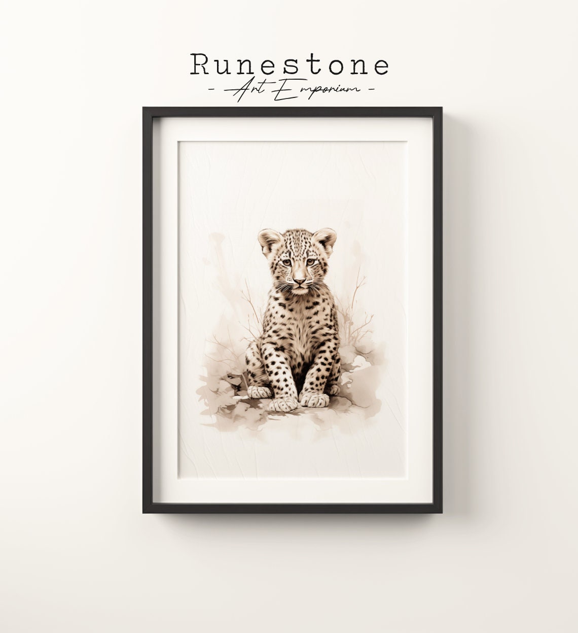 Vintage Snow Leopard Cub Sketch Safari Wildlife Boho Wall Art Minimalist Bohemian Hand Drawn Animal Print