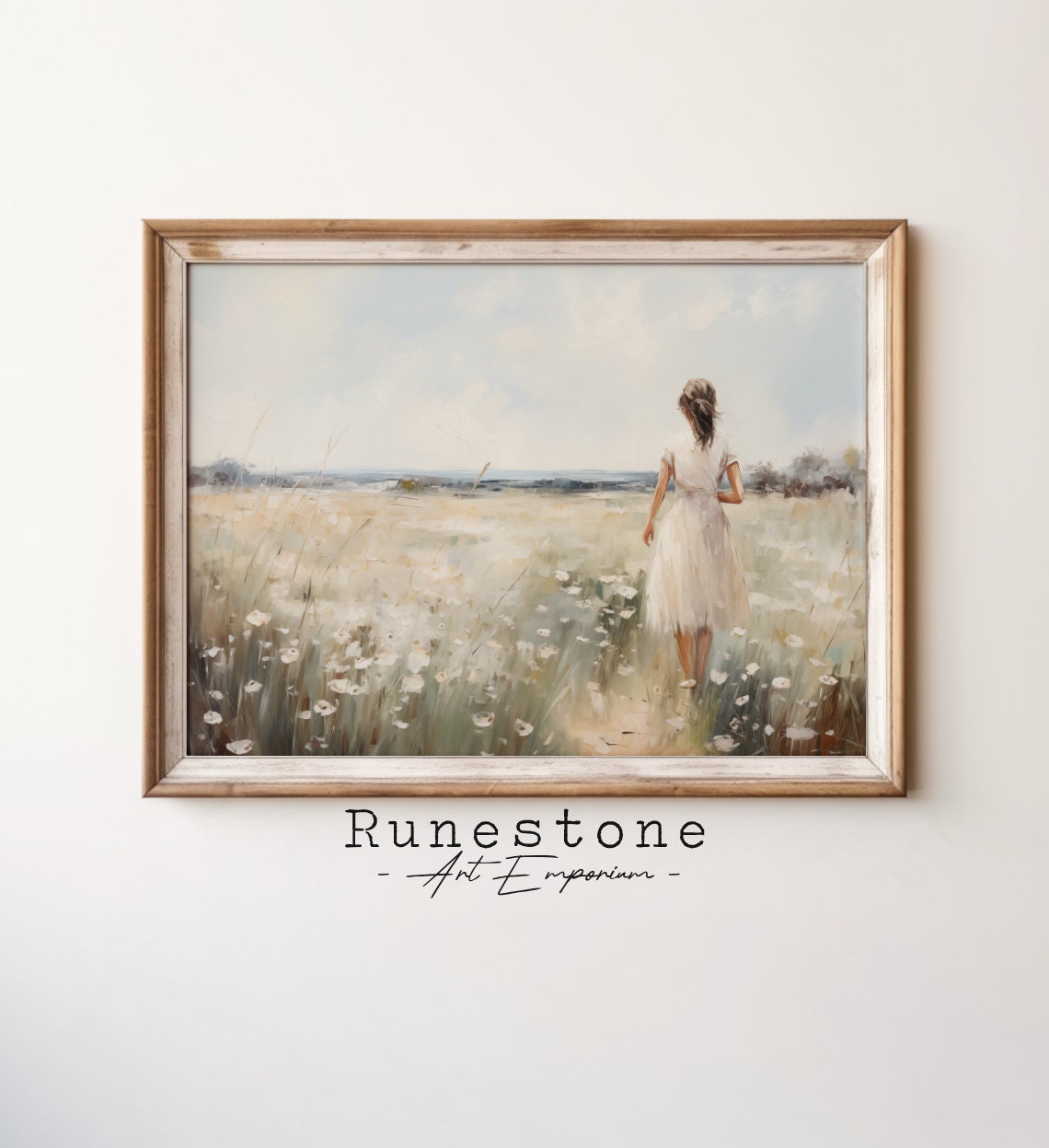 Woman Walking Spring Meadow White Flowers Vintage Landscape Oil Poster