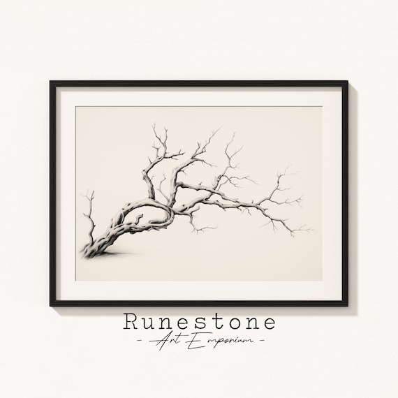 Gnarled Dead Branch Moody Pencil Sketch Minimal Study Poster