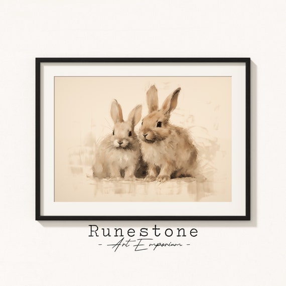 Antique Rabbit Family Sketch Wall Art Easter Holiday Illustration Vintage Animal Drawing Spring Etching Print