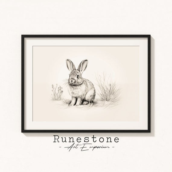 Easter Bunny Rabbit Sketch Print Spring Wall Art Minimal Portrait Pencil Drawing Home Decor Neutral