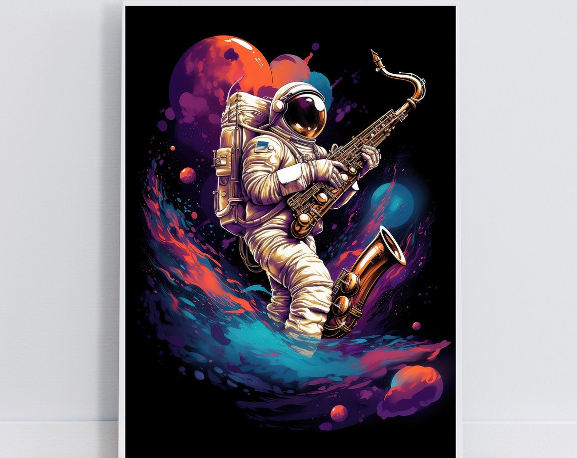 Astronaut Playing Saxophone Space Planets Neon Galaxy Art Poster - Image 7