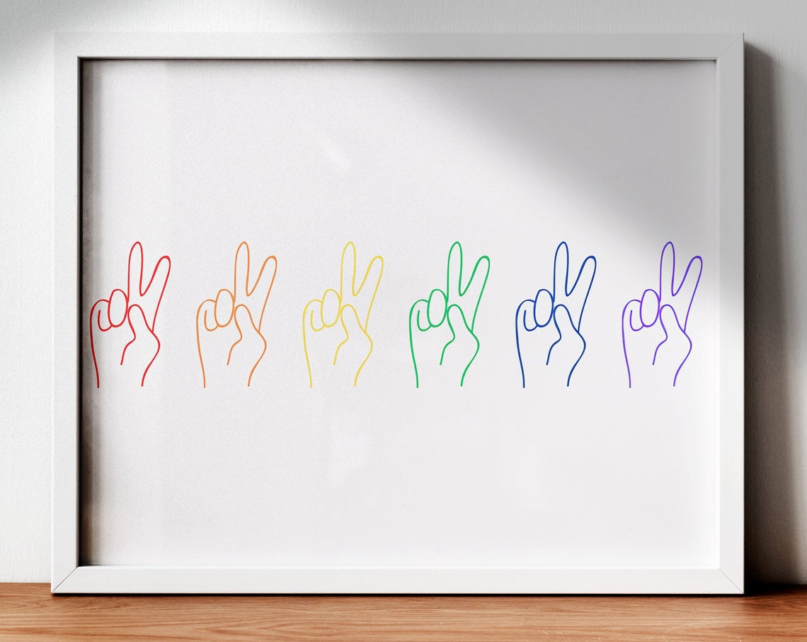 Rainbow Peace Sign Hands Line Art Colorful Minimalist Poster