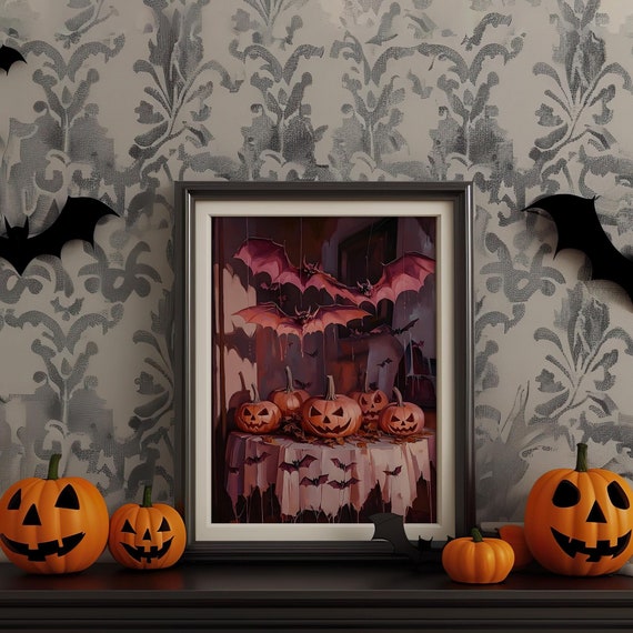 Halloween Bats Vintage Wall Art Dark Academia Decoration Print Retro Decor Trendy Apartment Moody Poster Instant
