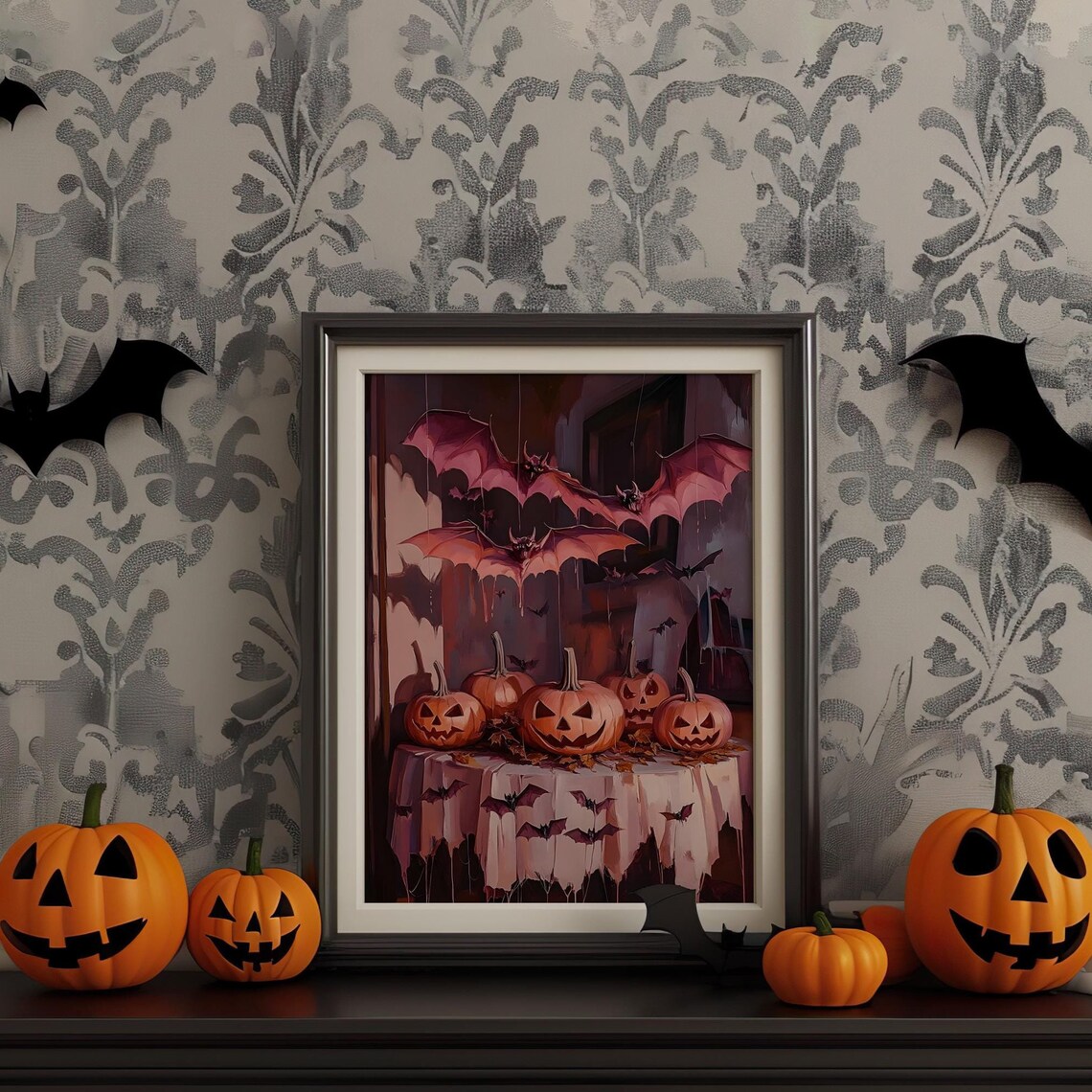 Halloween Bats and Pumpkins Spooky Autumn Vintage Style Art Poster