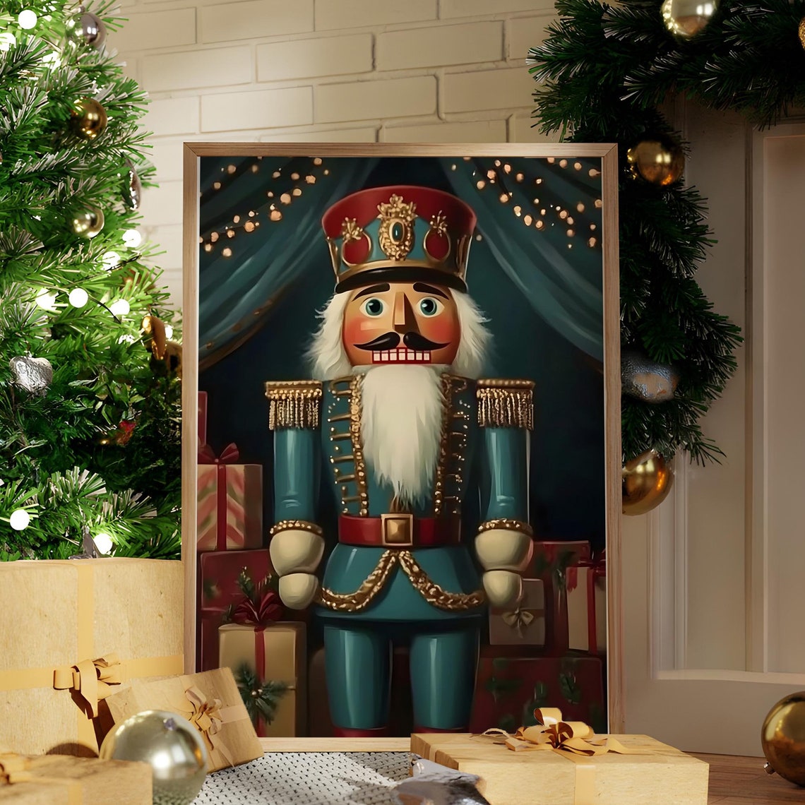 Teal Nutcracker On Stage With Gifts Vintage Christmas Poster