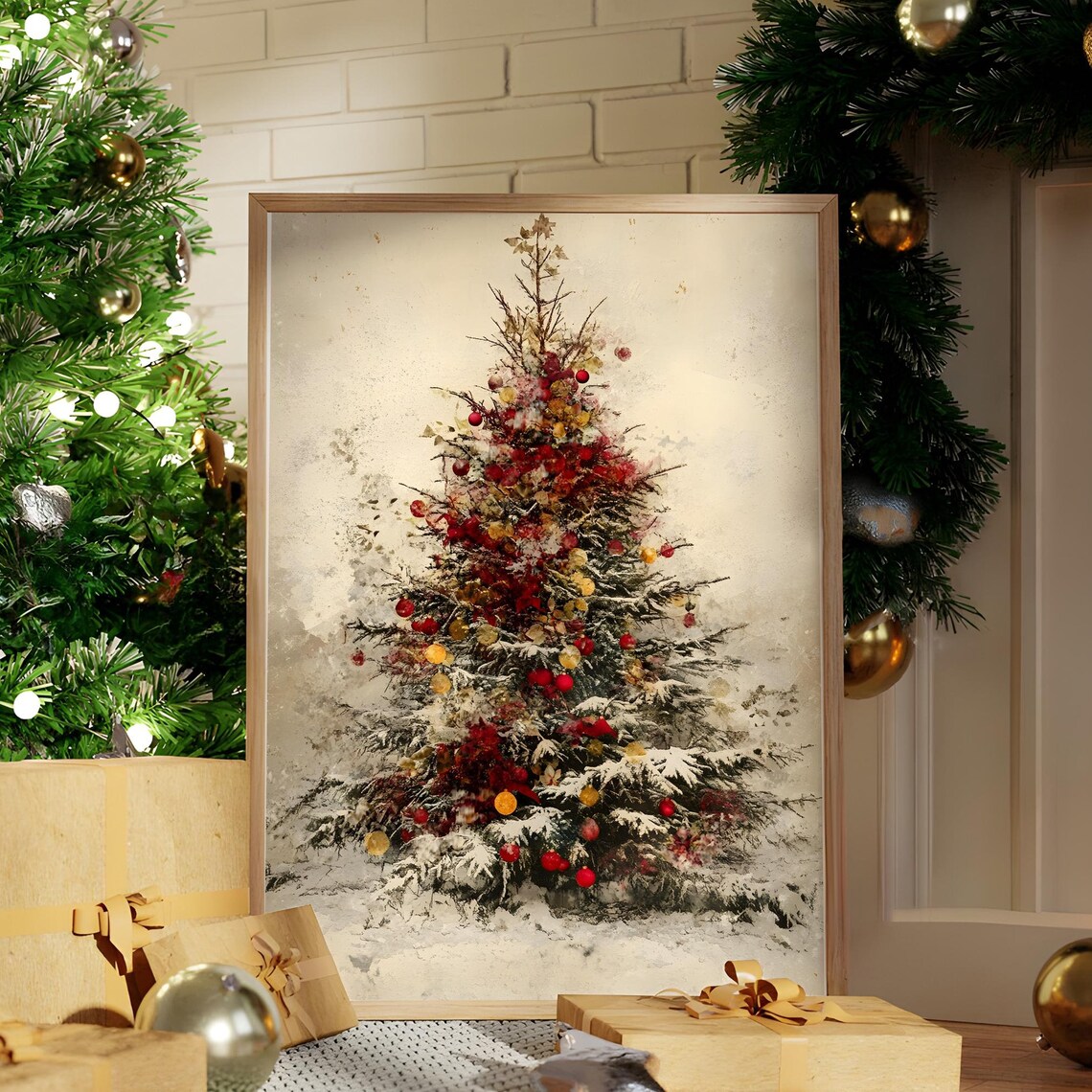 Snowy Christmas Tree In Red And Gold Watercolor Holiday Art Poster
