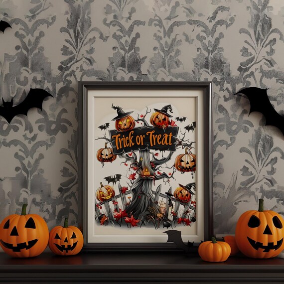 Trick or Treat Pumpkin Tree Witch Hats Spooky Halloween Art Poster