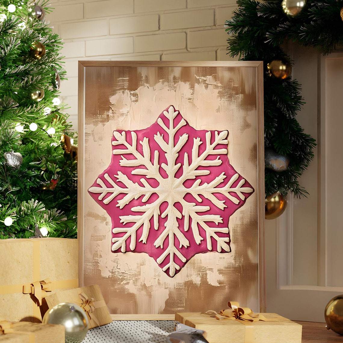 Pink And Cream Snowflake On Textured Beige Holiday Art Poster