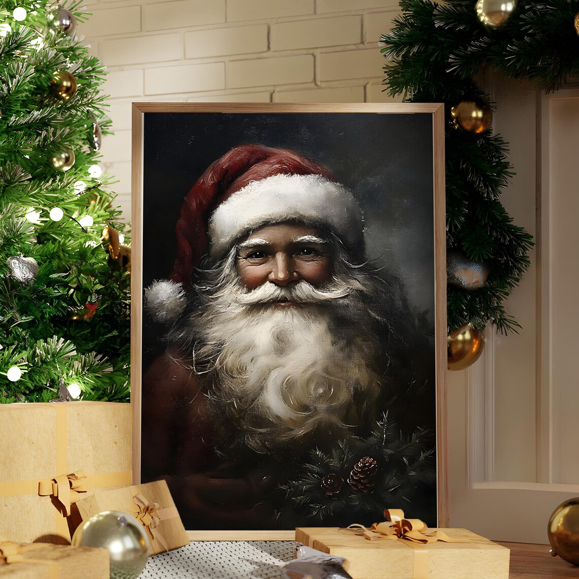 Vintage Santa Claus Portrait Dark Moody Christmas Art Poster