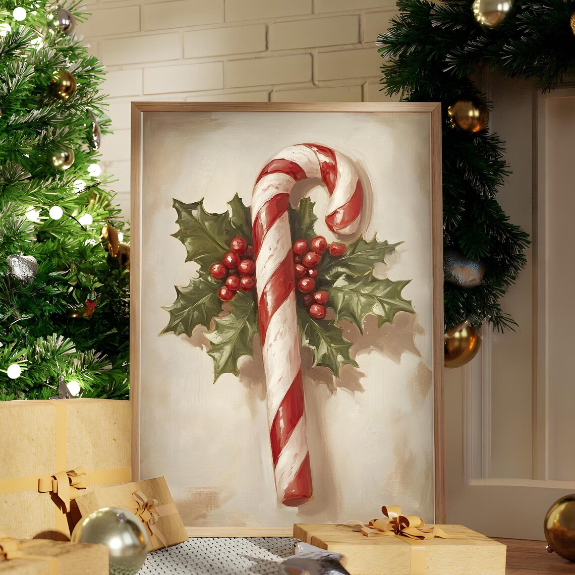 Vintage Candy Cane Holly Berries Christmas Oil Painting Poster