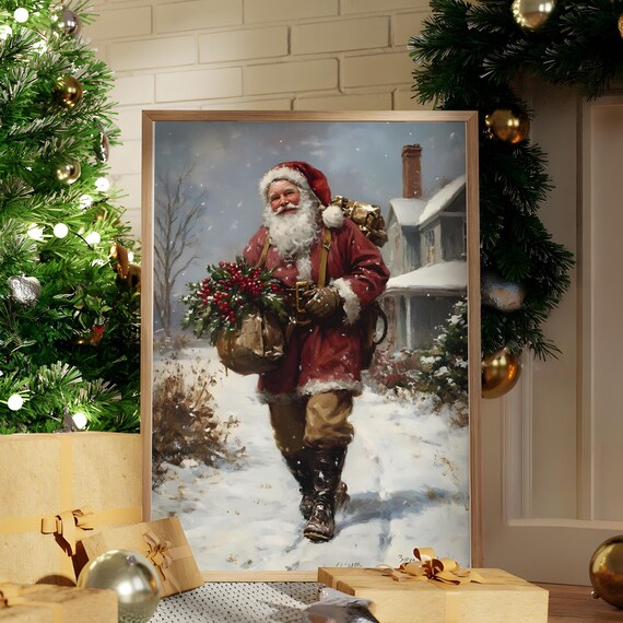 Vintage Santa Claus Walking in Snow With Gift Sack Christmas Poster