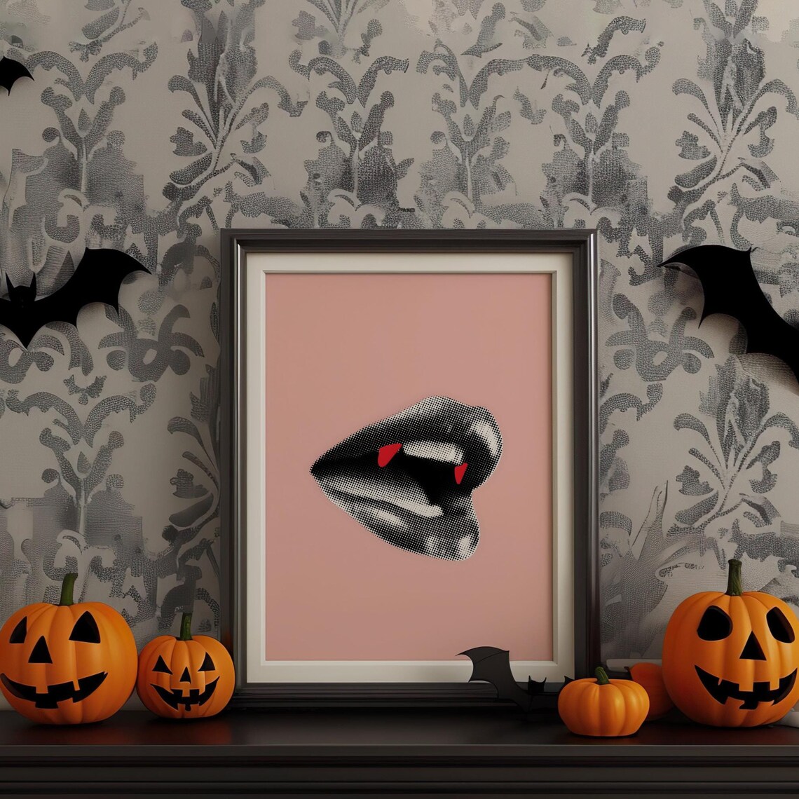 Vampire Fangs Pink Halloween Vintage Halftone Lips Art Poster