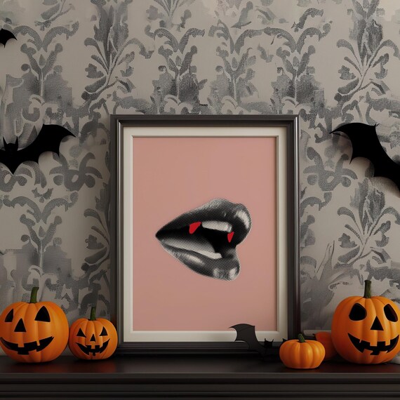 Vampire Fangs Pink Halloween Vintage Halftone Lips Art Poster