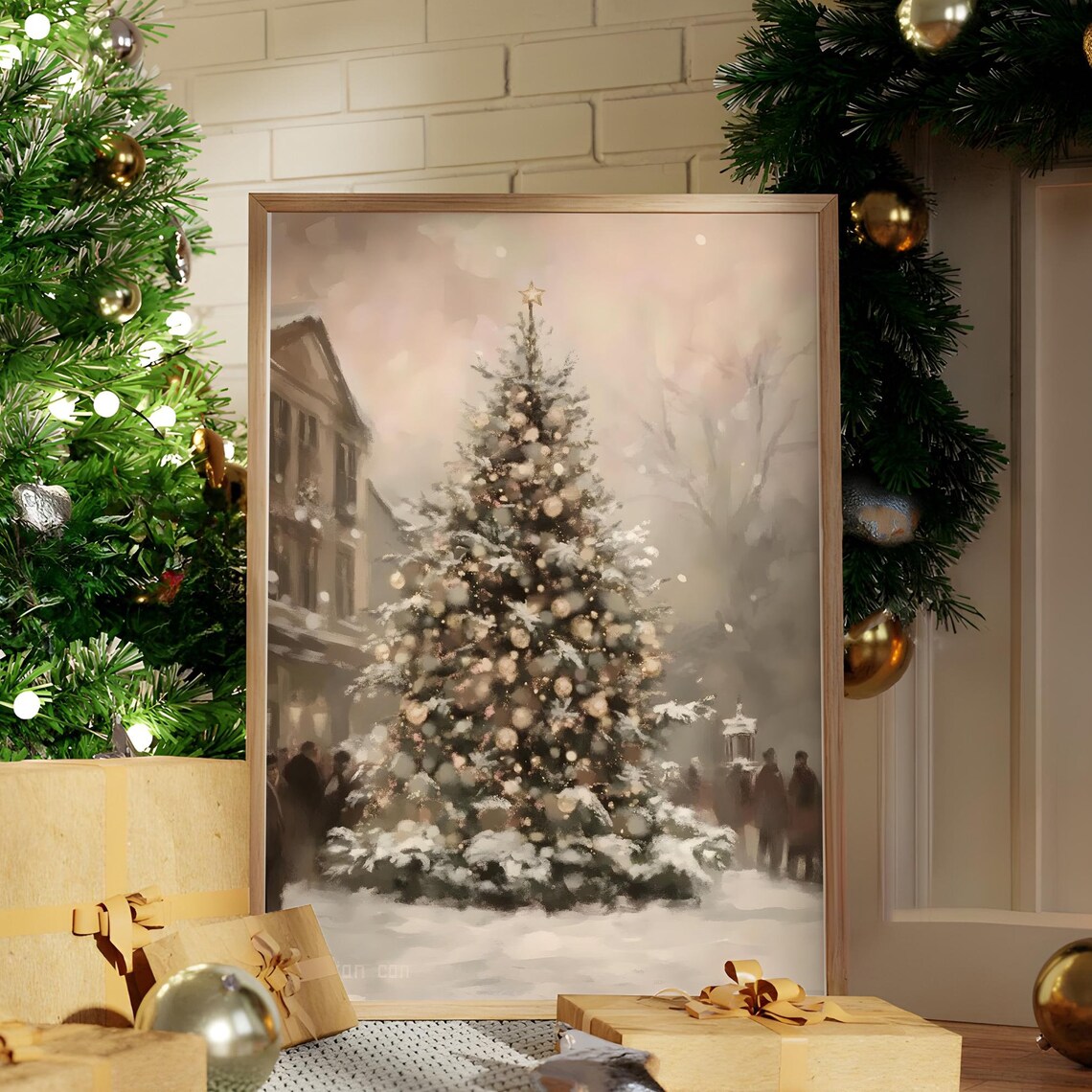 Snowy Town Christmas Tree Dusk Lights Vintage Painting Poster
