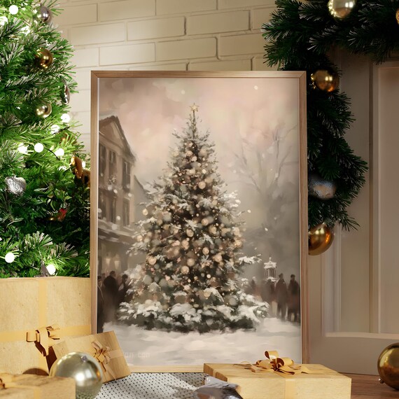 Snowy Town Christmas Tree Dusk Lights Vintage Painting Poster